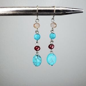 Turquoise And Burgundy + Orange Glass Bead Long SouthWestern Dangle Earrings